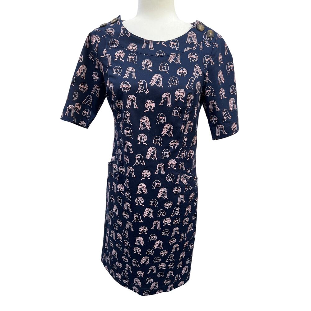 Boden Iona Chit Chat Face Pattern Shift Dress 4L Navy Blue Button Detail